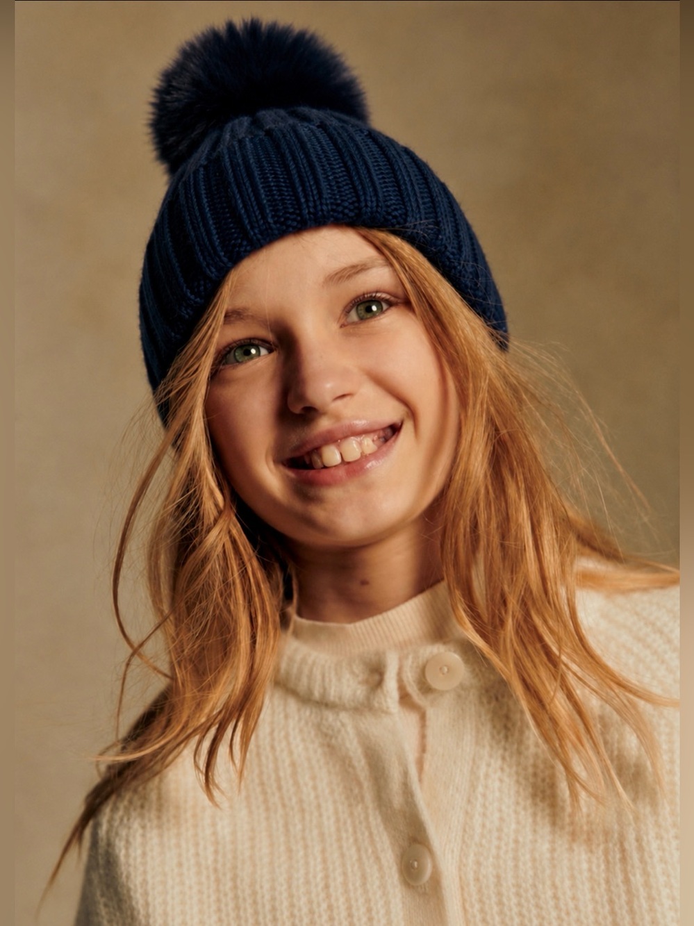 Catya 100% Merino Wool Girls Navy Blue Beanie Hat Fur Pom Pom Made in Italy 9/10